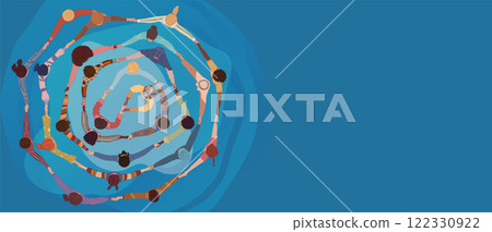 Group people in circle from diverse culture holding hands.Teamwork and cooperation.Community of friends or volunteers committed to social issues for peace and the environment.Top view 122330922