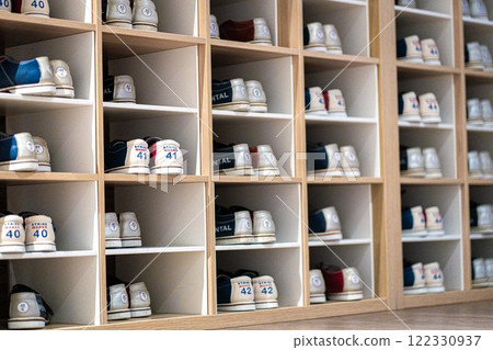 Classic bowling Shoes Stacked On Shelves on the bowling interior On The Shoes shelves Classic bowling Shoes Stacked On Shelves on the bowling interior On The Shoes shelves 122330937