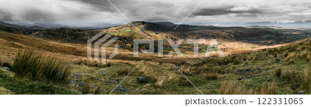Rolling hills and mountains under a dark, brooding sky. Patches of green vegetation contrast with the brown landscape. A few small structures are visible. Rolling hills and mountains under a dark, brooding sky. Patches of green vegetation contrast with the brown landscape. A few small structures are visible. 122331065
