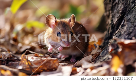 Brown mouse in autumn leaves 122331167