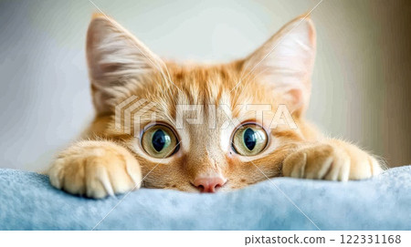 Curious ginger cat peeking over a surface Curious ginger cat peeking over a surface 122331168