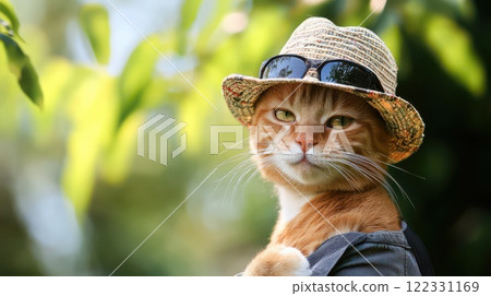 Cat wearing stylish hat in sunny outdoor setting 122331169