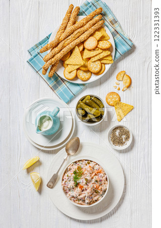 salmon dip with caper, red onion, fresh dill and sour cream 122331393