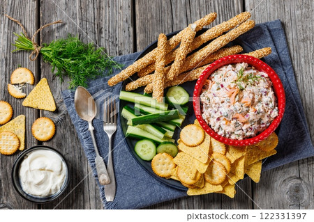 salmon dip with caper, red onion, fresh dill and sour cream salmon dip with caper, red onion, fresh dill and sour cream 122331397