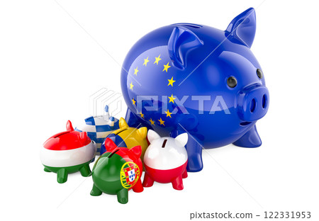 European financial crisis, concept. Piggy bank with EU flag as symbol of European budget with small piggy banks of Portugal, Greece, Hungary and Poland. 3D rendering European financial crisis, concept. Piggy bank with EU flag as symbol of European budget with small piggy banks of Portugal, Greece, Hungary and Poland. 3D rendering 122331953