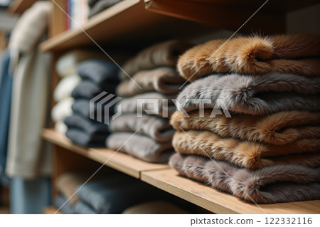 Luxurious fur coats in fashion boutique display for winter wear ideas. AI generation 122332116