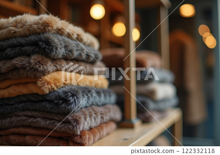 Cozy autumn textures in a boutique display of folded woolen and fur fabrics. AI generation 122332118