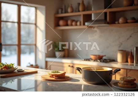 Cozy winter kitchen with steaming soup and natural light design. AI generation 122332126