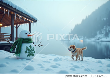 Winter wonderland with snowman and puppy by a lake at sunset. AI generation 122332409