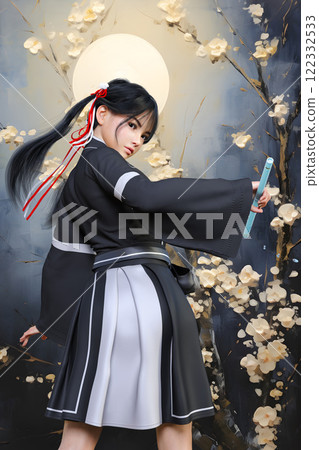 一個美麗的雙馬尾武士女孩在櫻花和月亮的背景下轉身 122332533