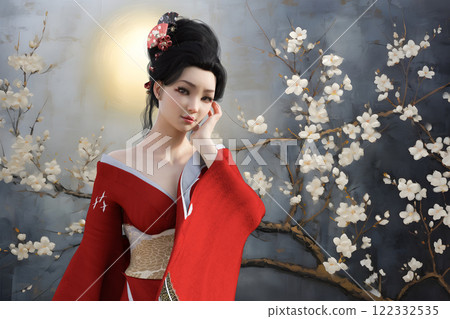 A woman in a red kimono is lost in thought with cherry blossoms and the moon in the background A woman in a red kimono is lost in thought with cherry blossoms and the moon in the background 122332535