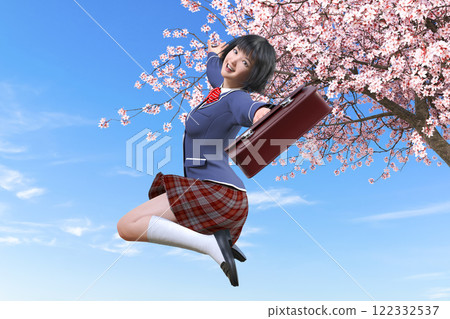 在櫻花樹前跳得很高的女高中生 在櫻花樹前跳得很高的女高中生 122332537