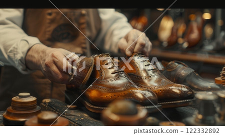 Meticulous craftsmanship and skill required in the leather cutting process 122332892