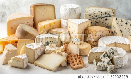 Scene of an elegant cheese board featuring a variety of artisan cheeses 122332939