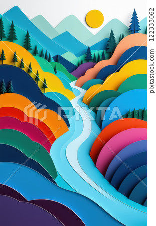 Colorful paper art landscape with river and mountains under yellow sun. AI generation 122333062