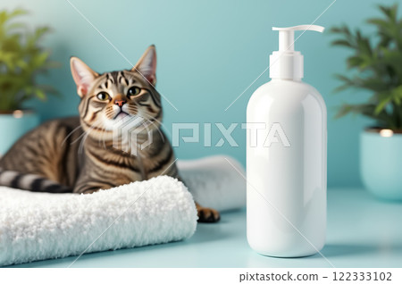 Cat relaxing next to white bottle on soft towel in spa-like setting. AI generation 122333102