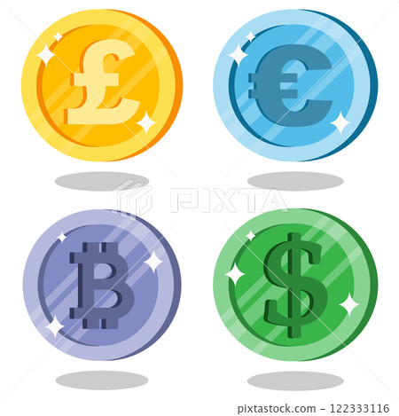 Colorful coins with shine effects show various currency symbols for financial illustration Colorful coins with shine effects show various currency symbols for financial illustration 122333116