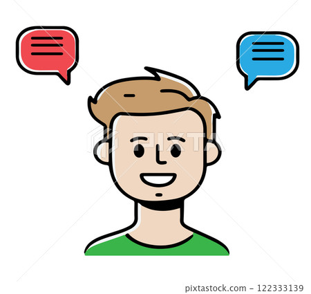 Conversation bubble graphics with smiling person engaging in dialogue Conversation bubble graphics with smiling person engaging in dialogue 122333139