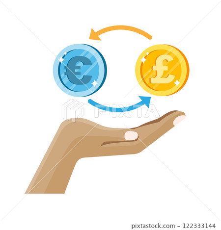 Currency exchange symbol with hand holding euro and pound coins in a simple design Currency exchange symbol with hand holding euro and pound coins in a simple design 122333144