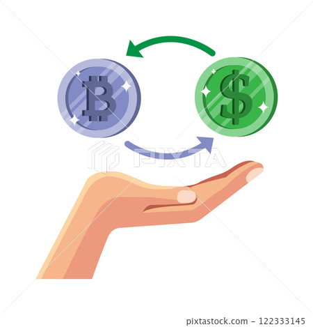 Exchange between cryptocurrency and fiat currency illustrated by hand gesture 122333145