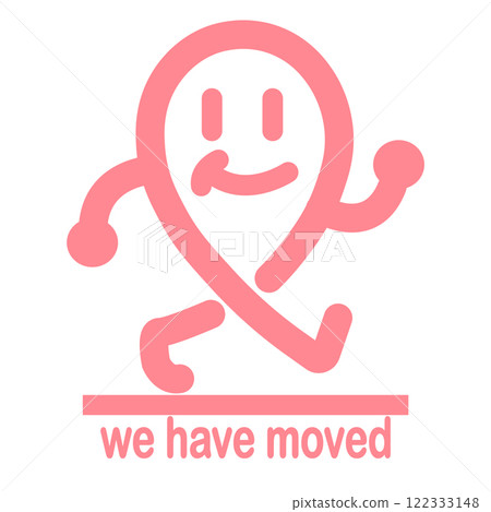 Playful graphic depicting relocation announcement with smiling character and location pin 122333148
