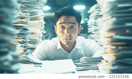 A man in trouble surrounded by documents 122333198