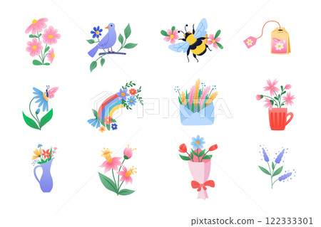 Set of spring elements with flowers, plants and insects 122333301