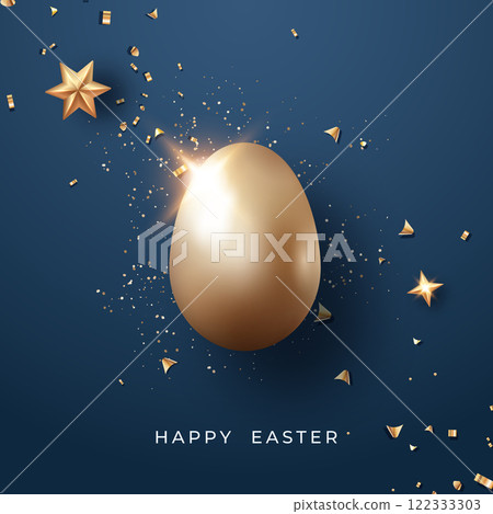 Shiny golden Easter egg surrounded by stars and confetti Shiny golden Easter egg surrounded by stars and confetti 122333303