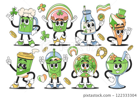Happy saint Patrick day drinks and food festive elements in green irish cartoon style isolated set Happy saint Patrick day drinks and food festive elements in green irish cartoon style isolated set 122333304