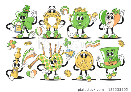 Happy saint Patrick day symbolic characters, traditional holiday mascot, festive elements set 122333305