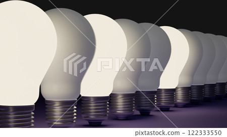 In a row of light bulbs, one is distinct, symbolizing an idea concept and the career principle of individuality. 122333550