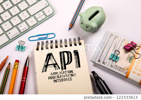 API Application Programming Interface. Stationery on a white office desk API Application Programming Interface. Stationery on a white office desk 122333613