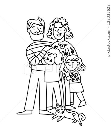 Outline illustration of a happy family with a mother, father, and two daughters hugging together, accompanied by a joyful cat. Perfect for childrens books, family-themed designs, and heartwarming pro 122333628