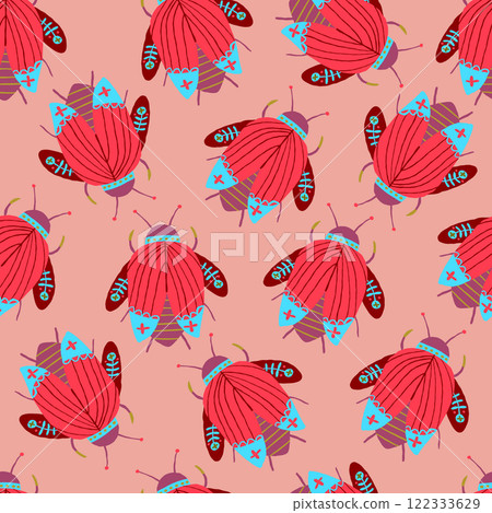 Stylish vector pattern featuring bugs with floral motifs on a pale pink background. The red-pink color palette and folk art influence make this design perfect for decorative projects and modern design 122333629