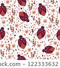 Playful vector pattern featuring red bugs, floral elements, and dotted accents on a whit background. Perfect for textiles, wallpapers, gift wrap, and creative designs with a bold, nature-inspired them 122333632