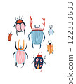 Collection of colorful and stylish bug illustrations on a white background. A vertical postcard design ideal for nature-themed projects, decorative art, and creative insect-inspired concepts. Vector 122333633