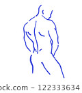 Elegant sketch of a male silhouette from the back in trendy blue on a white background. A professional, artistic illustration perfect for modern design, fashion, or minimalist art projects. Vector 122333634