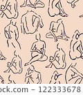 Seamless pattern featuring sketchy silhouettes of men and women in a Renaissance-inspired outline style on a beige background. Ideal for artistic projects, wallpapers, and fashion or decor designs 122333678
