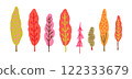 A collection of stylized trees in vibrant autumn colors, creating a horizontal forest scene. Perfect for fall-themed projects, clip art, seasonal designs, and nature-inspired illustration. Vector 122333679