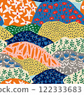 Abstract mountain landscape with intricate patchwork-style patterns. A modern, artistic composition perfect for backgrounds, wallpapers, textile designs, and creative projects with a geometric touch 122333683