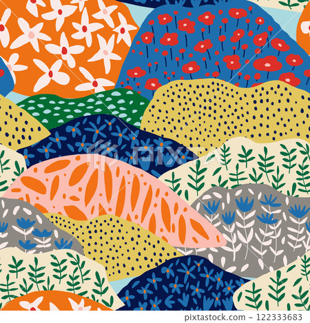 Abstract mountain landscape with intricate patchwork-style patterns. A modern, artistic composition perfect for backgrounds, wallpapers, textile designs, and creative projects with a geometric touch 122333683