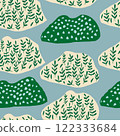 Abstract pattern featuring shapes, dots, and leaves on a pale blue background, resembling artistic mountains. Perfect for modern decor, textiles, wallpapers, and creative design projects. Vector 122333684