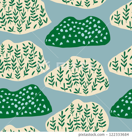 Abstract pattern featuring shapes, dots, and leaves on a pale blue background, resembling artistic mountains. Perfect for modern decor, textiles, wallpapers, and creative design projects. Vector 122333684