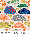 Abstract pattern featuring stylish colors, flowers, leaves, polka dots, and patchwork elements. Perfect for textile design, wallpapers, creative decor, and modern art projects with a unique aesthetic 122333686