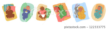 Sweet newborn baby characters sleeping feeling calm lying in comfortable bed cradle isolated set 122333775