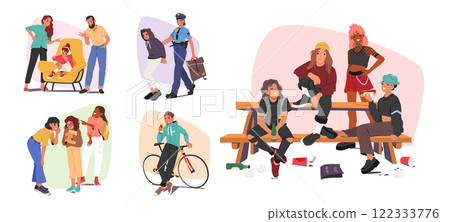 Naughty troubled teenagers in different situations, problems in raising children cartoon scene 122333776