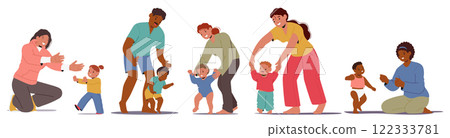 Isolated cartoon set parents enjoying time with children teaching toddlers to make first steps Isolated cartoon set parents enjoying time with children teaching toddlers to make first steps 122333781
