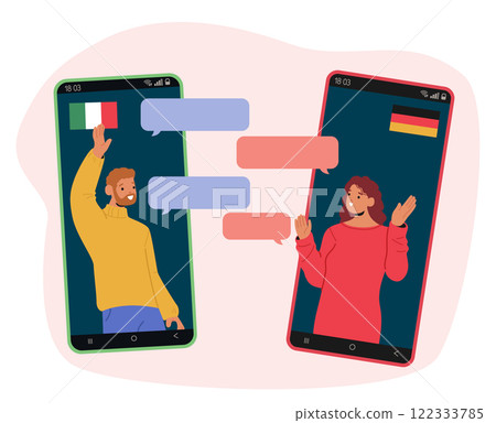 Man and woman speaking online via mobile video chat having language barrier in communication 122333785