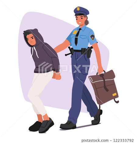 Woman police officer arresting teenage boy leading offender to police station cartoon scene 122333792