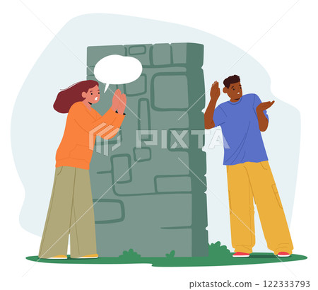 Multiracial man and woman characters having troubles in communication due to language barrier 122333793